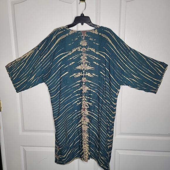 Hand dyed Boho Sleeveless Romper and Long sleeve Duster Set Green/Cream One-Size - Picture 2 of 8